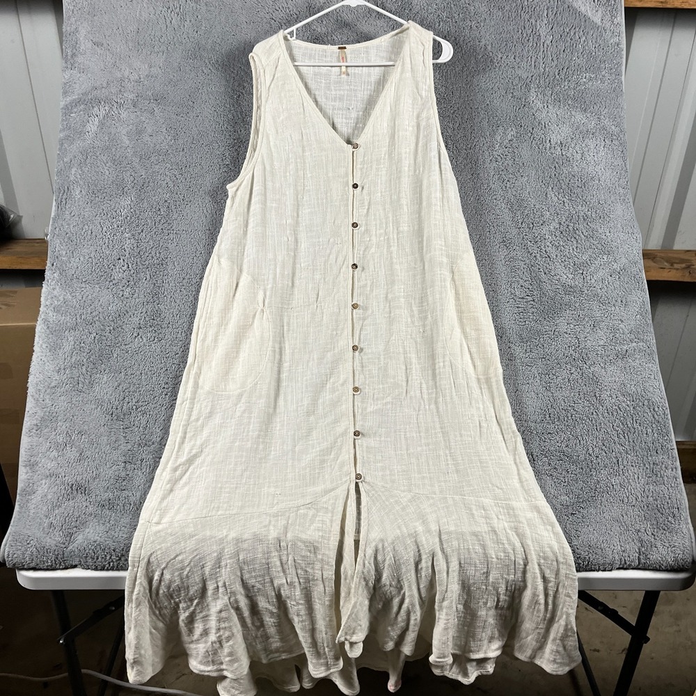 Free People Maxi Dress Womens XL Cream Sleeveless Boho Ruffle Hem Button Front